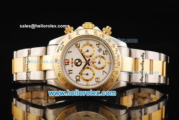 Rolex Daytona BMW Chronograph Miyota Quartz Movement Steel Case with Gold Bezel and Two Tone Strap - Click Image to Close